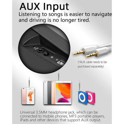 Android 10.1-Inch Car Navigation System with Phone and Steering Control showing AUX input jack and 3.5mm cables for phone and MP3 connection