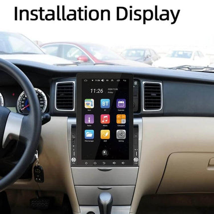 Android 10.1-Inch Car Navigation System with Phone and Steering Control installed in car dashboard showing touchscreen apps and steering wheel control