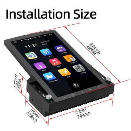 Android 10.1-Inch Car Navigation System with Phone and Steering Control showing installation dimensions and touchscreen interface