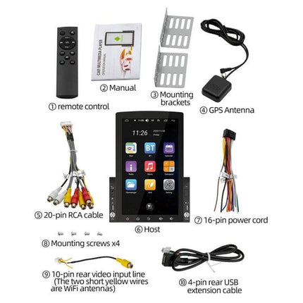 Android 10.1-Inch Car Navigation System with Phone and Steering Control components kit showing host, remote, GPS antenna, cables, brackets