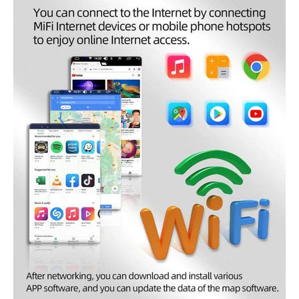 Android 10.1-Inch Car Navigation System with Phone and Steering Control showing WiFi connectivity, app icons, and phone mirroring features