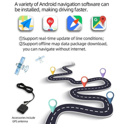 Android 10.1-Inch Car Navigation System with Phone and Steering Control shown with map apps, GPS antenna accessory and route pins