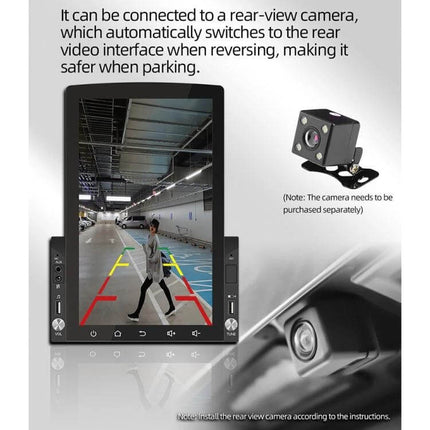 Android 10.1-Inch Car Navigation System with Phone and Steering Control showing rear-view camera parking guidelines and optional camera