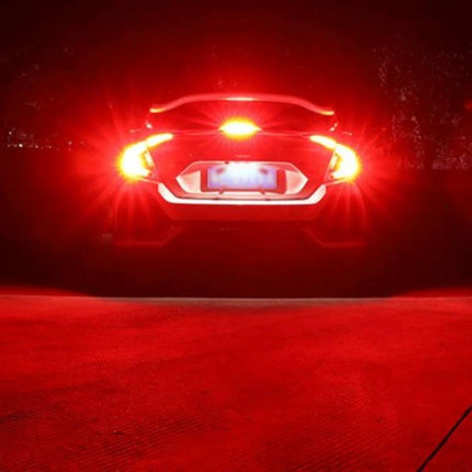 2-Pack Car Strobe Brake Lights For Everyday Driving installed on rear of car at night showing bright red strobe brake signal