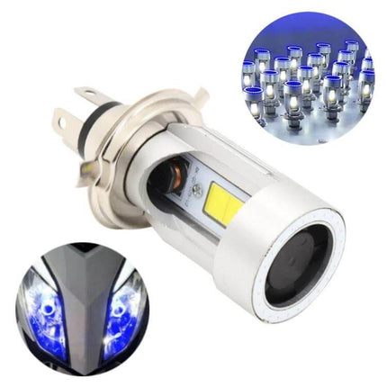 H4 Motorcycle Headlight with Angel Eyes for Night Riding - LED bulb showing angel eye blue accents and easy-install design