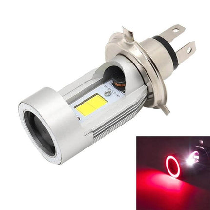 H4 Motorcycle Headlight with Angel Eyes for Night Riding - silver LED bulb with red angel eye ring for improved night visibility