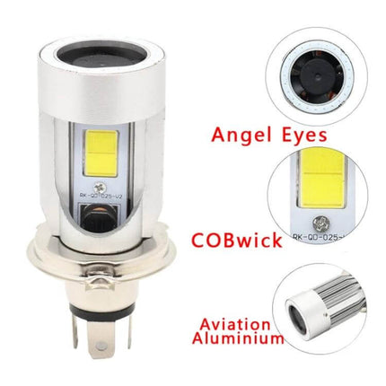 H4 Motorcycle Headlight with Angel Eyes for Night Riding - silver COB LED bulb with angel eyes and aviation aluminium housing