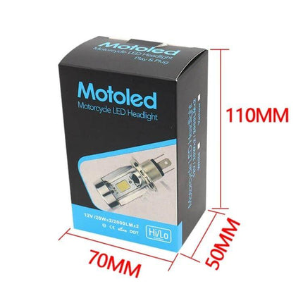 H4 Motorcycle Headlight with Angel Eyes for Night Riding - Motoled boxed LED headlight showing dimensions 70x50x110mm