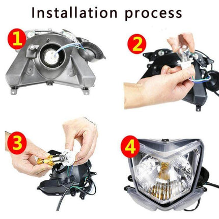 H4 Motorcycle Headlight with Angel Eyes for Night Riding - 4-step installation process showing bulb wiring and final fitted headlight
