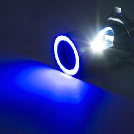 H4 Motorcycle Headlight with Angel Eyes for Night Riding showing bright blue angel eye ring and white beam for improved night visibility