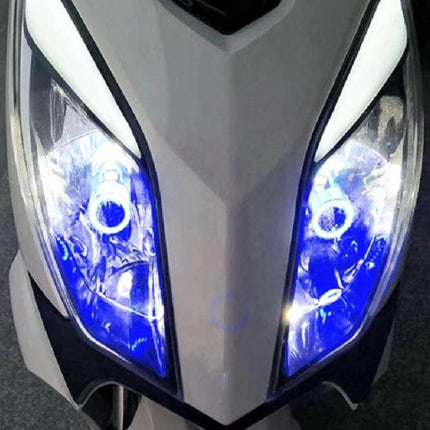 H4 Motorcycle Headlight with Angel Eyes for Night Riding on scooter front showing bright blue angel eye rings for improved night visibility