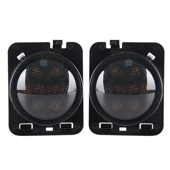 Jeep Wrangler LED Wheel Eyebrow Turn Signals 2 Pack showing two black ABS housing LED wheel arch turn signal units