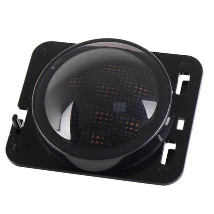 Jeep Wrangler LED Wheel Eyebrow Turn Signals 2 Pack front view of smoked LED wheel eyebrow turn signal with ABS housing, easy plug-and-play fit