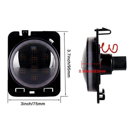 Jeep Wrangler LED Wheel Eyebrow Turn Signals 2 Pack - close-up front and side view with dimensions 3in x 3.7in and 22mm depth