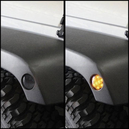 Jeep Wrangler LED Wheel Eyebrow Turn Signals 2 Pack showing amber LED installed on Jeep Wrangler JK fender before and after