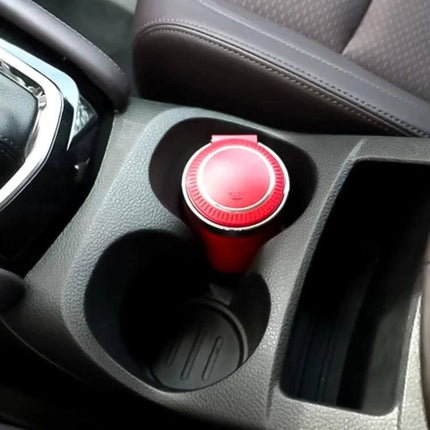 Portable Car Ashtray with Stainless Steel Liner and LED Light — red portable ashtray shown in car cup holder for tidy driving