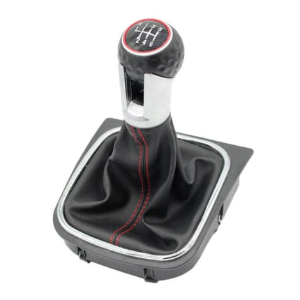 Comfortable Gear Shift Knob for Volkswagen Golf 6 - ergonomic black leather knob with red stitching and chrome trim