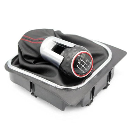 Comfortable Gear Shift Knob for Volkswagen Golf 6 - ergonomic black leather knob with red stitching and chrome trim