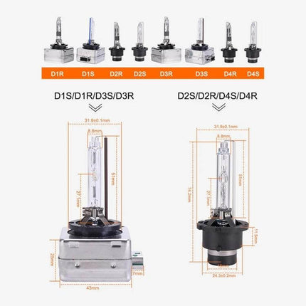 8000K HID Xenon Headlight Bulb Kit 2 Pack For Clear Night Driving - dual D1S D2S D3S D4S bulb types with measurements