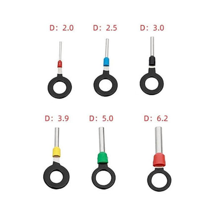 6-In-1 Car Wire Terminal Extraction Tool For Removing Terminals showing six color-coded extractor probes with diameters 2.0–6.2mm