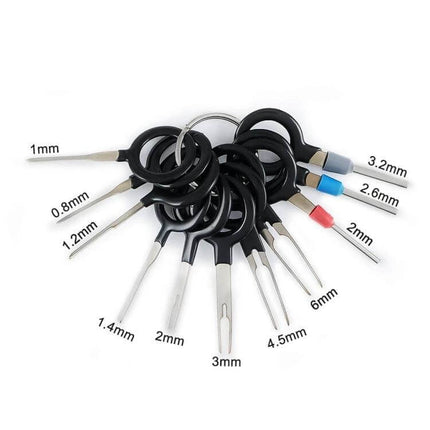 Car Wire Terminal Extraction Tool For Auto Wiring Harness - ring of labeled terminal release picks in assorted sizes with rubber grips and metal shafts