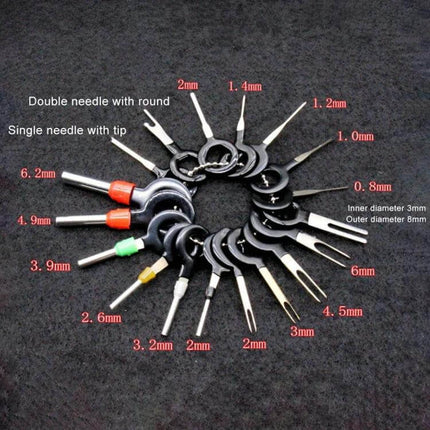 Car Wire Terminal Extraction Tool For Auto Wiring Harness - ring of assorted metal and rubber terminal removal needles labeled with sizes