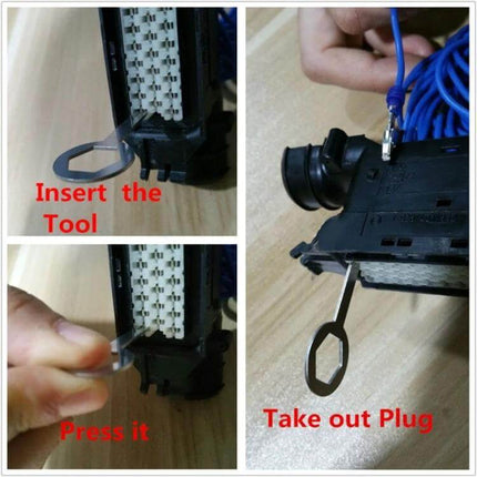 Car Wire Terminal Extraction Tool For Auto Wiring Harness shown inserted and pressing to remove automotive connector terminals without damage