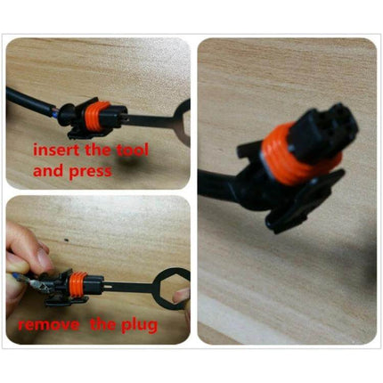 Car Wire Terminal Removal Tool Kit, 59-In-1 For Easy Wiring Tasks showing tool inserted and removing automotive connector plug with rubber metal grip