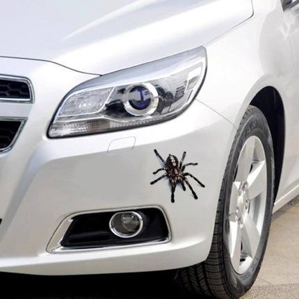 Animal Pattern Stickers for Car and Motorcycle Decoration on a silver car front showing spider-themed PET sticker near headlight