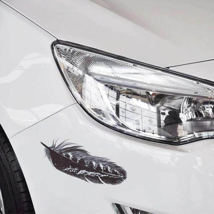 Feather Pattern Car Body Stickers for Vehicle Decoration and Customization - black feather decal on white car fender near headlight