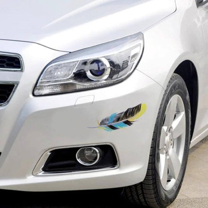 Decorative Feather Stickers for Car and Motorcycle Bodies applied to silver car front fender showing colorful feather decal near headlight
