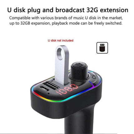 Car Bluetooth FM Transmitter With Dual USB Charger And Mood Light showing USB flash drive in USB port, LED display and mood light ring