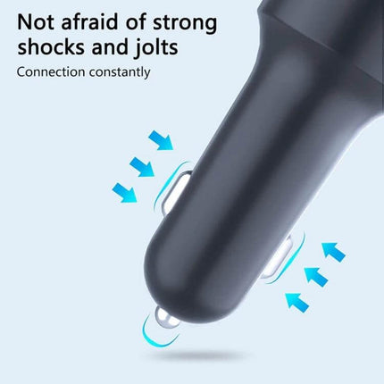 Car Bluetooth FM Transmitter With Dual USB Charger And Mood Light showcasing sturdy car plug design resisting shocks and jolts