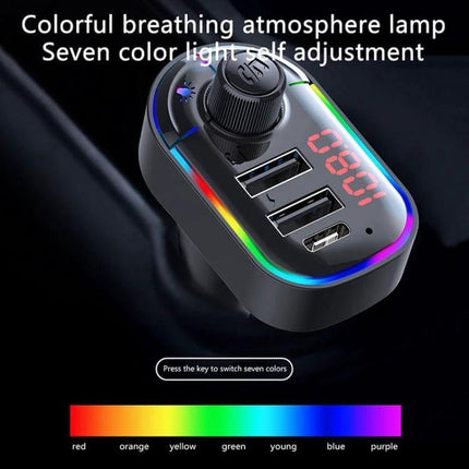 Car Bluetooth FM Transmitter With Dual USB Charger And Mood Light showing dual USB ports, LED display and colorful mood light in car