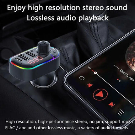 Car Bluetooth FM Transmitter With Dual USB Charger And Mood Light plugged in car cigarette lighter showing dual USB ports, LED display and mood light