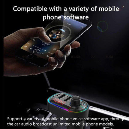 Car Bluetooth FM Transmitter With Dual USB Charger And Mood Light plugged into car cigarette socket with phone streaming music via Bluetooth 5.0