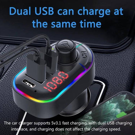 Car Bluetooth FM Transmitter With Dual USB Charger And Mood Light showing dual USB charging ports, LED display and mood light in car