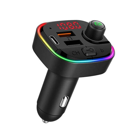 Car Bluetooth FM Transmitter With Atmosphere Light plugging into car outlet with LED ambient ring, USB ports, display and control knob for hands-free audio