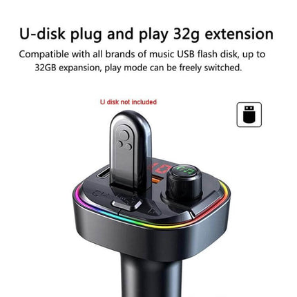 Car Bluetooth FM Transmitter With Atmosphere Light showing USB U-disk plugged into 32GB plug-and-play port with multicolor ambient light