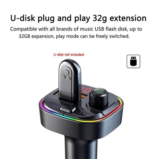 Car Bluetooth FM Transmitter With Atmosphere Light showing USB U-disk plugged into 32GB plug-and-play port with multicolor ambient light