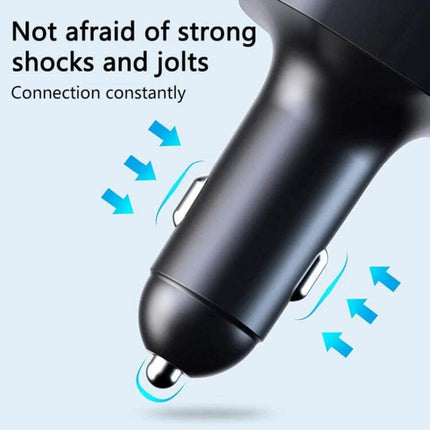 Car Bluetooth FM Transmitter With Atmosphere Light showing durable anti-shock car charger plug and secure fit for stable connection