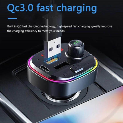 Car Bluetooth FM Transmitter With Atmosphere Light plugged into car outlet showing QC3.0 fast charging, USB ports, LED ambient ring and Bluetooth knob