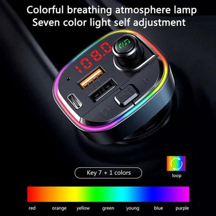 Car Bluetooth FM Transmitter With Atmosphere Light showing digital display, USB ports, rotary knob and rainbow breathing atmosphere lamp