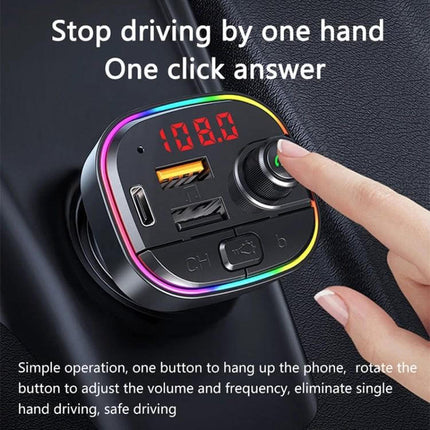 Car Bluetooth FM Transmitter With Atmosphere Light showing dial, USB ports, LED display and ambient RGB ring for hands-free calls