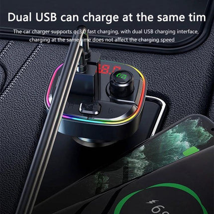 Car Bluetooth FM Transmitter With Atmosphere Light plugged into car power outlet showing dual USB charging ports, FM display and ambient RGB lighting