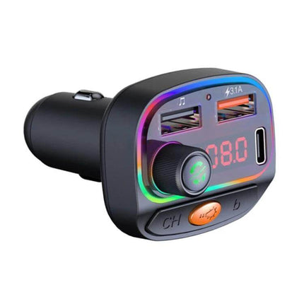 C15 Car Bluetooth FM Transmitter With Atmosphere Light plugged into car charger port showing LED display, dual USB ports and atmosphere light