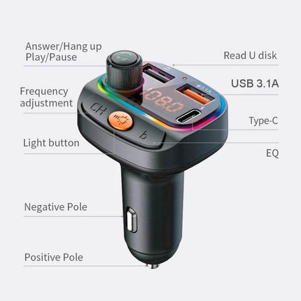 C15 Car Bluetooth FM Transmitter With Atmosphere Light plugged into car socket showing USB ports, LED display, knob, buttons and labeled features