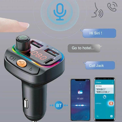 C15 Car Bluetooth FM Transmitter With Atmosphere Light showing dual USB ports, LED display, knob control and smartphone hands-free voice calls
