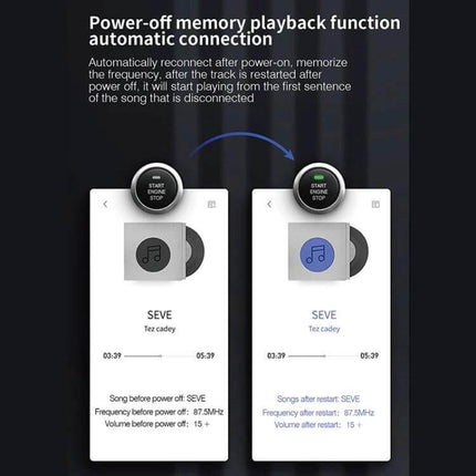 C15 Car Bluetooth FM Transmitter With Atmosphere Light showing power-off memory playback function and automatic reconnection on smartphone screens