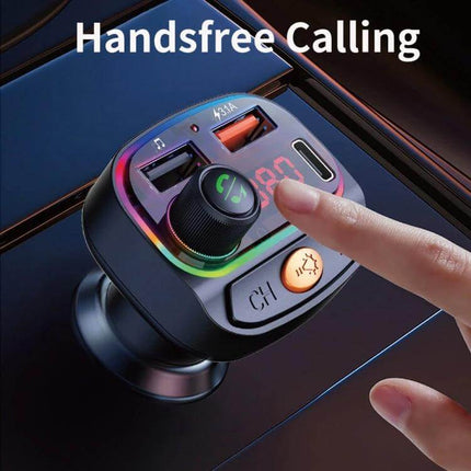 C15 Car Bluetooth FM Transmitter With Atmosphere Light showing hands-free calling button, dual USB ports and LED atmosphere light in car